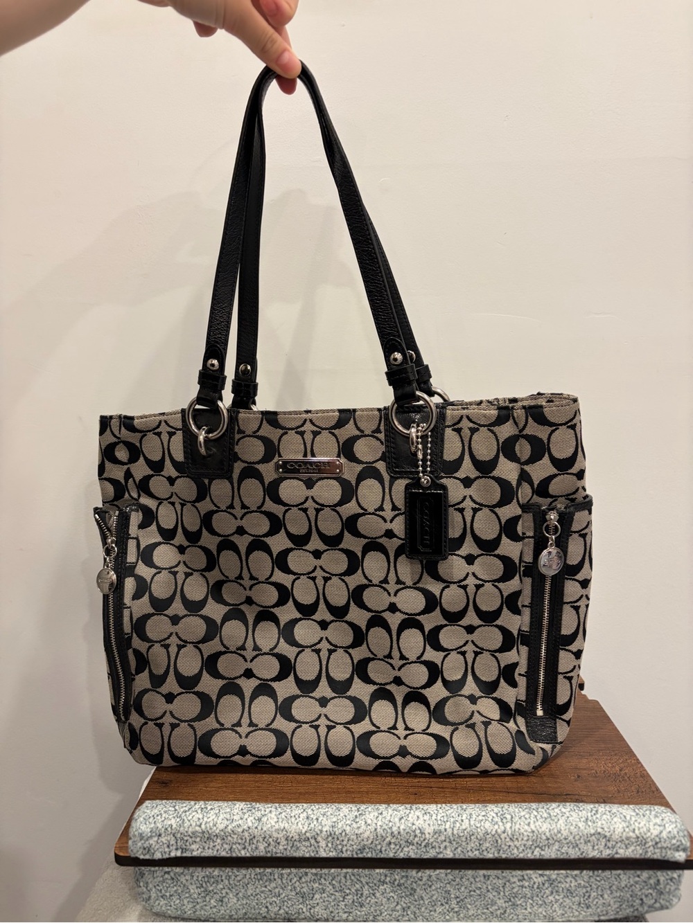 Coach Black and Beige Signature Canvas Tote